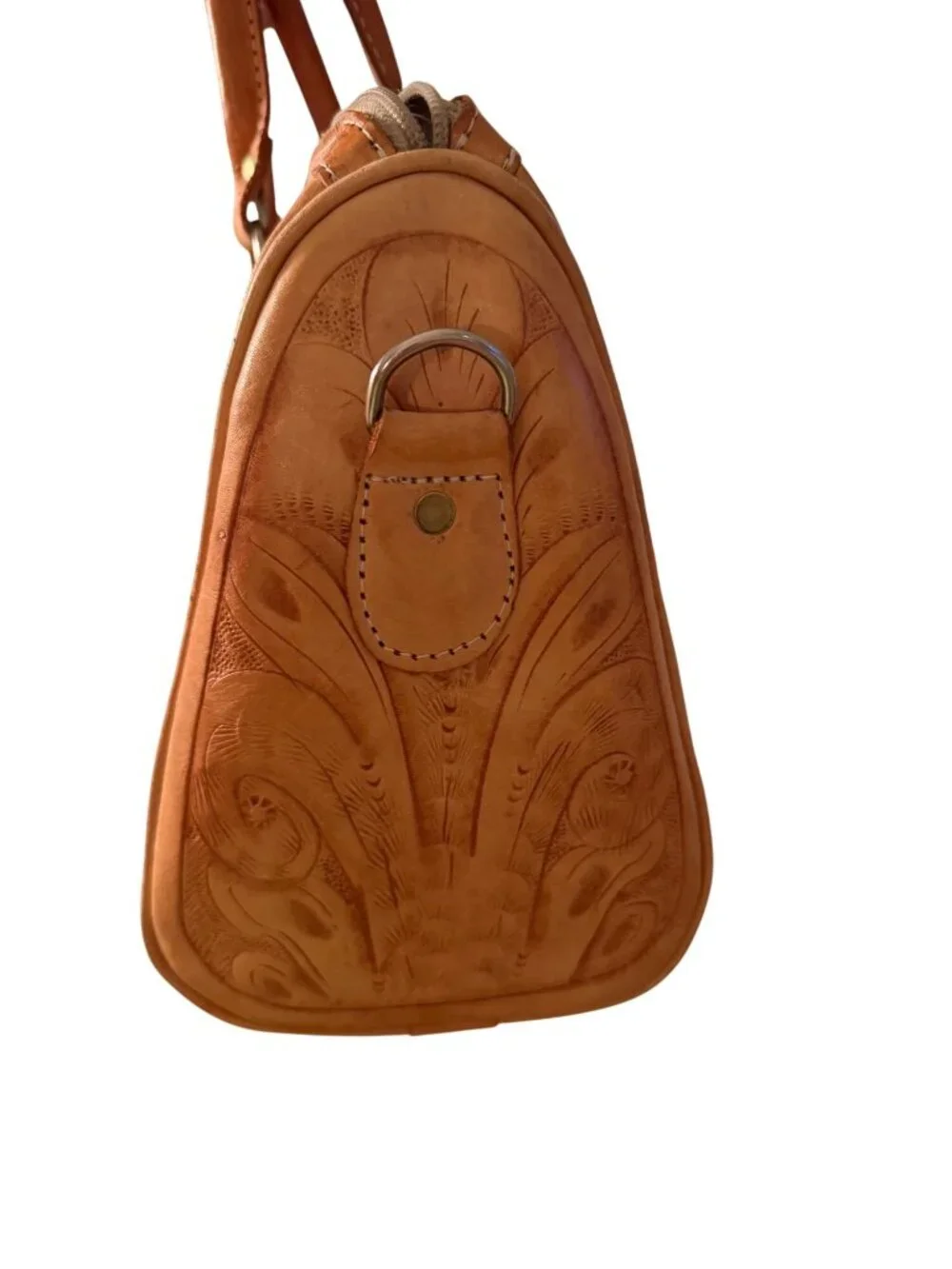 Vintage Womens Rectangular Hand-tooled Leather Handbag Top Handles Tan Western